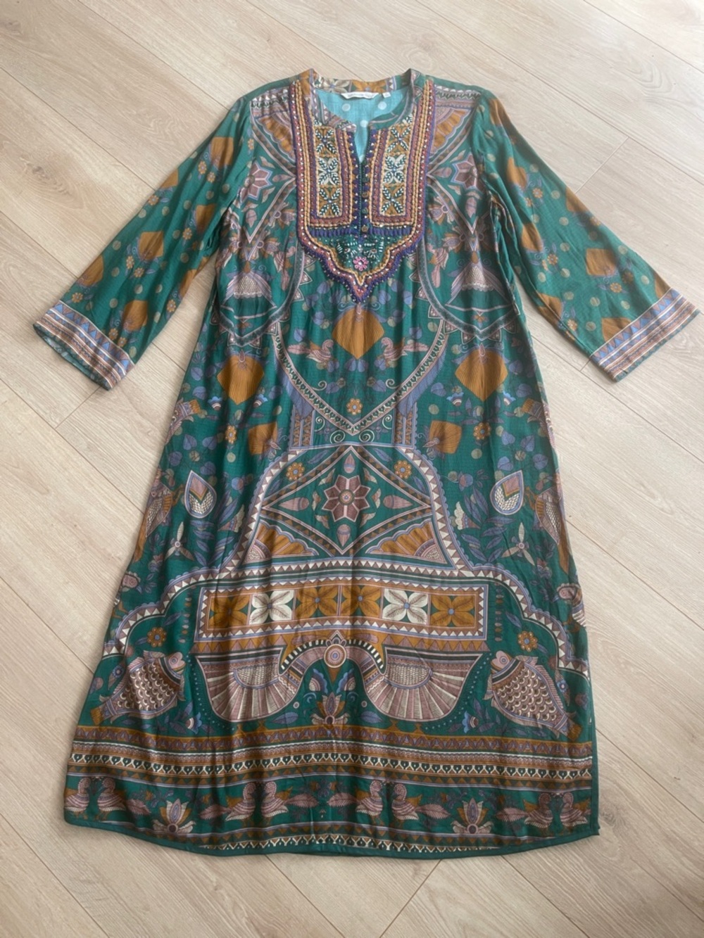 Soft Surroundings Size medium Green and Mustard Boho Long Sleeve Maxi Dress